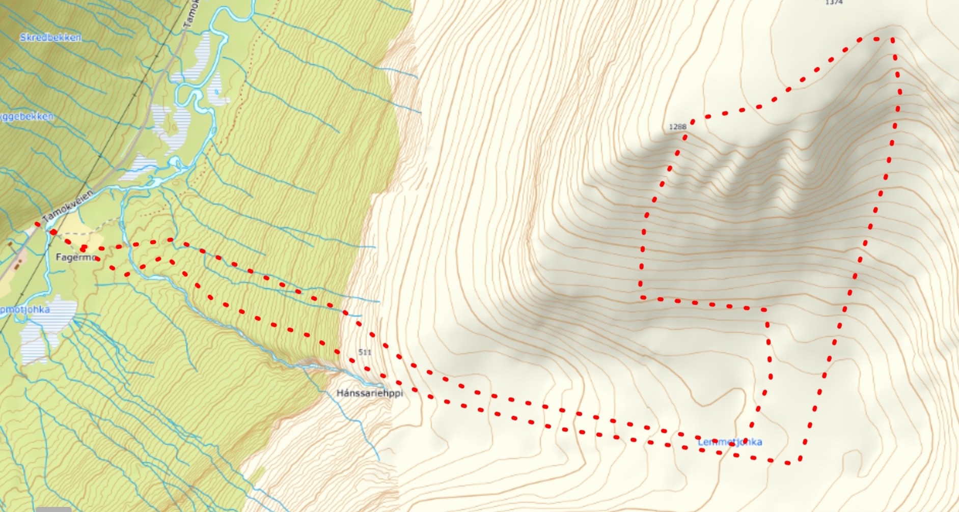 A topographical Map of the climbing route up the Kitchen Chutes on Lemetfjellet