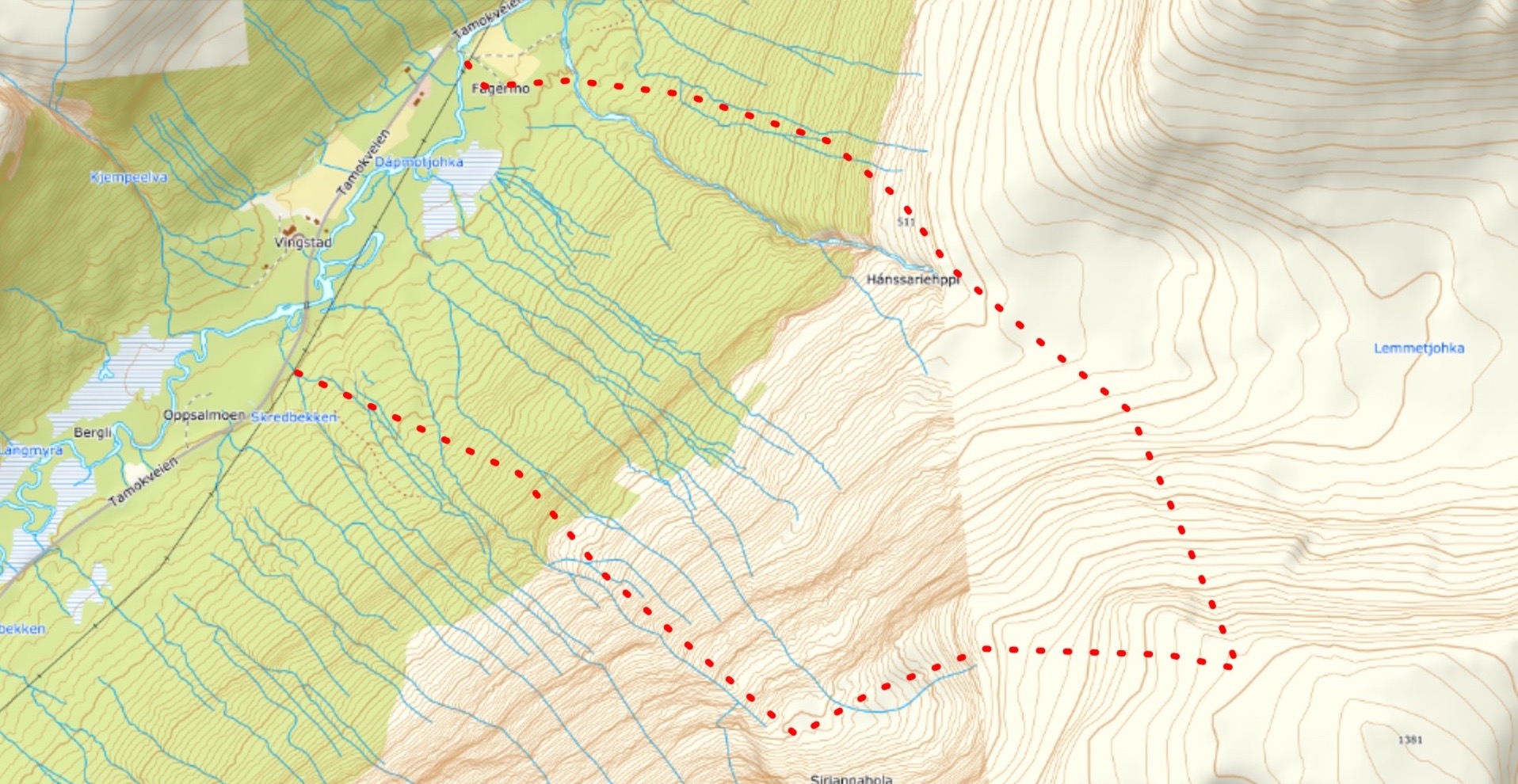 Topographical map of the morning mission ski route in the Tamokdalen Backcountry