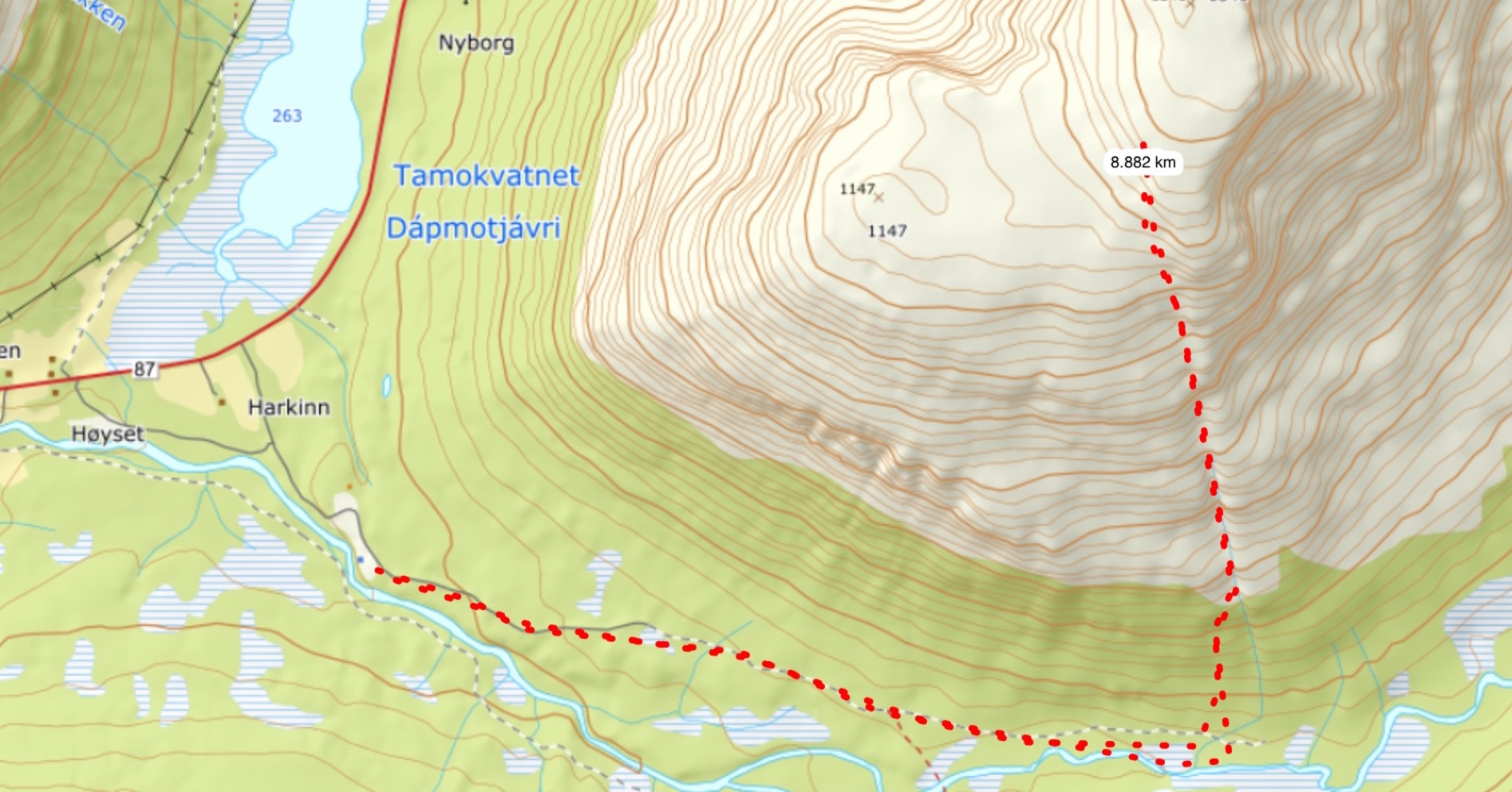 Topographical Map of our ascent route on Tamokfjellet South Gully