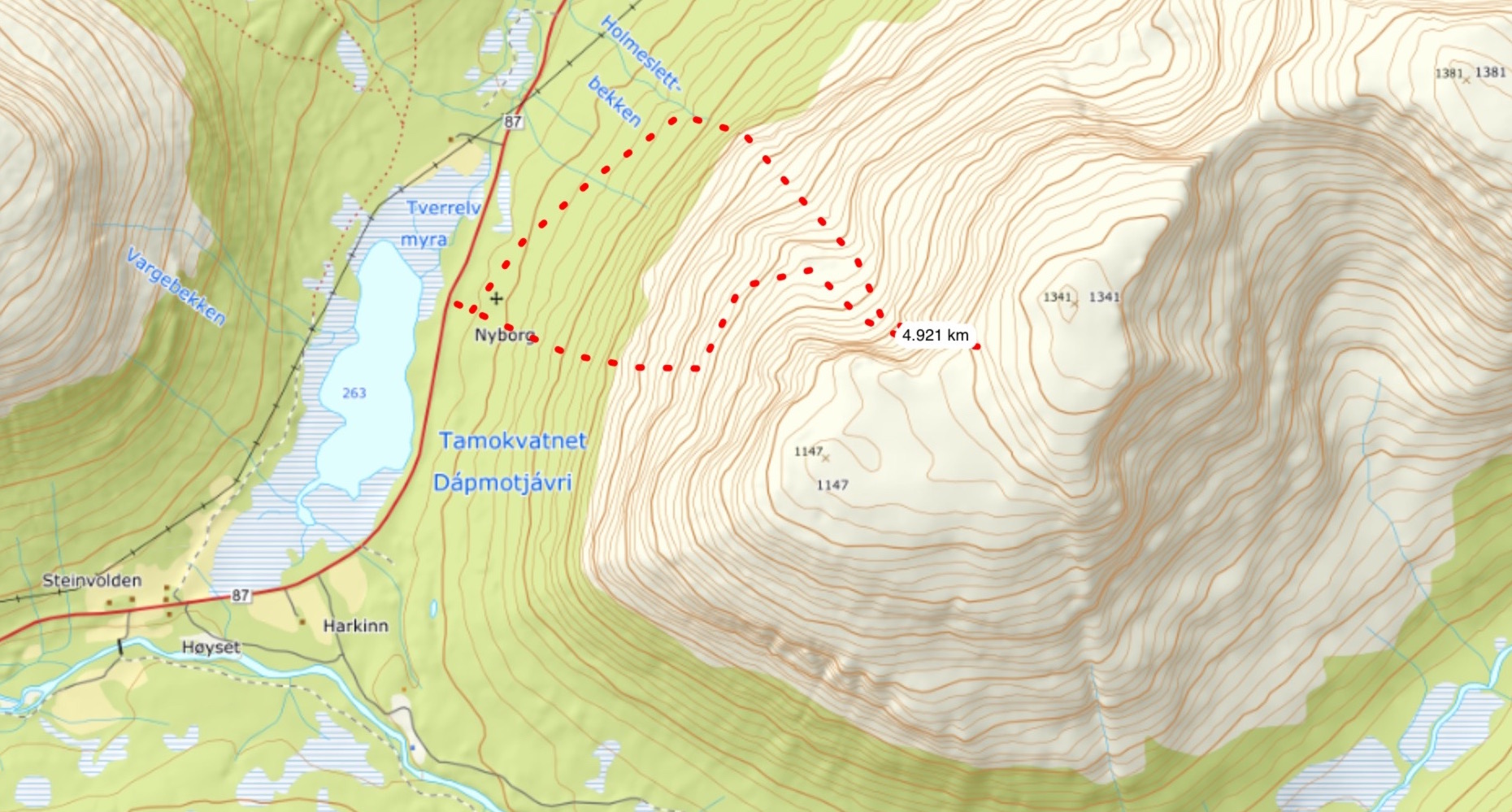 Topographical map of the north chute of Tamokfjellet in Norway