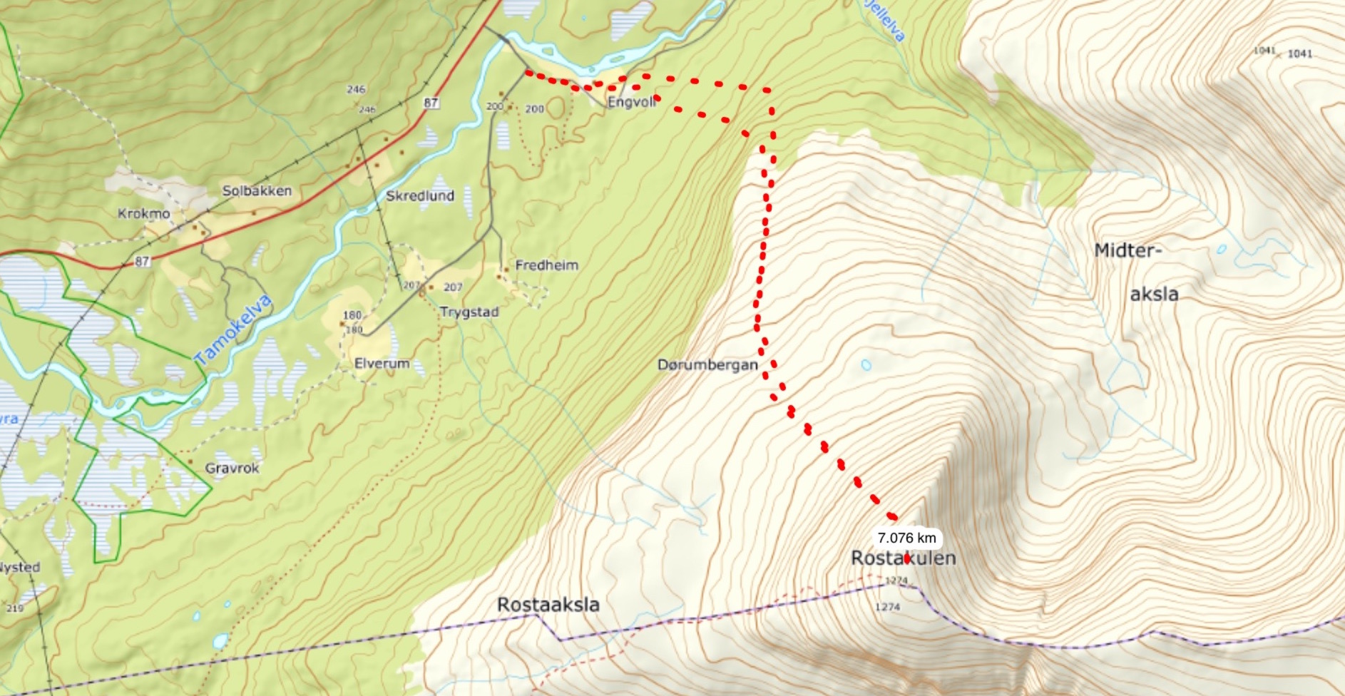 Topographical map of our climbing route up Rostakulen in Tamokdalen