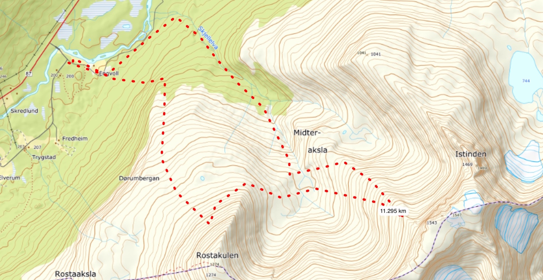 Topographical map of our climbing route on Midteraksia and Rostakulen in Tamokdalen Backcountry