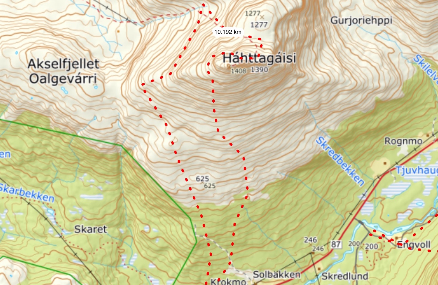 Topographical map of our ascent route of háhttagáisi in the Tamokdalen Backcountry