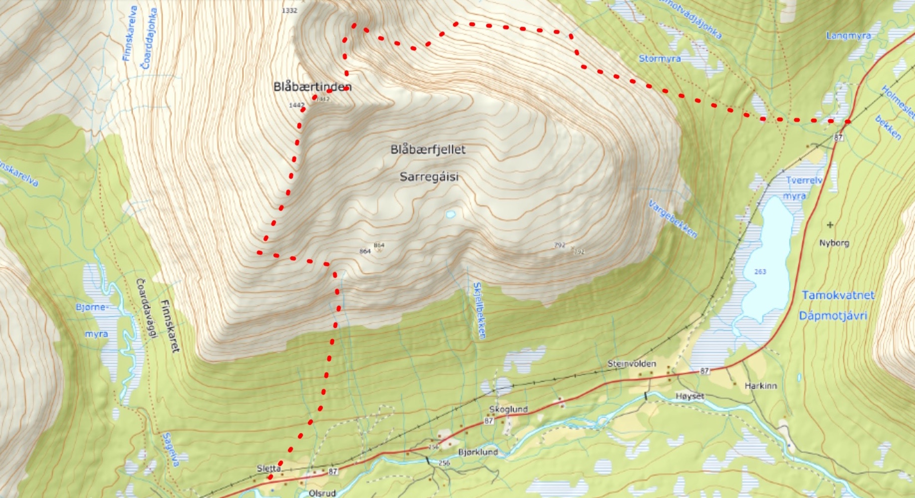 Topo map of the Northeast bowl route on Blåbærfjellet in the Tamokdalen Backcountry