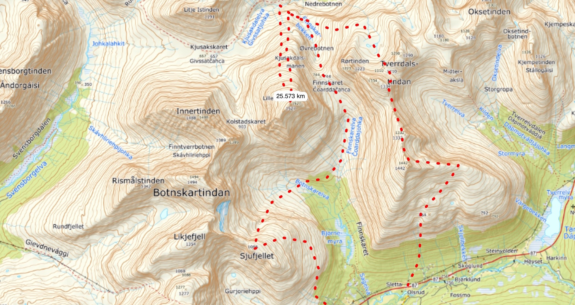 Topographical Map of the Sjufjellet, Lille Russetinden and Blåbærfjellet Traverse in the Tamokdalen Backcountry