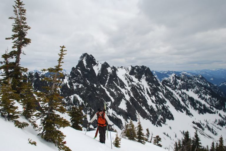 Summiting the col to access Kaleetans summit chair peak in the background