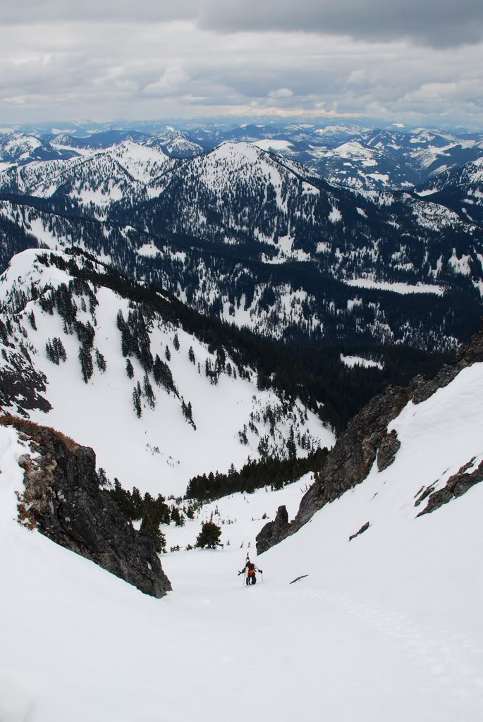 Bootpack up to the top of Kaleetan with Granite Mountain in the background during the Alpental to Granite ski traverse