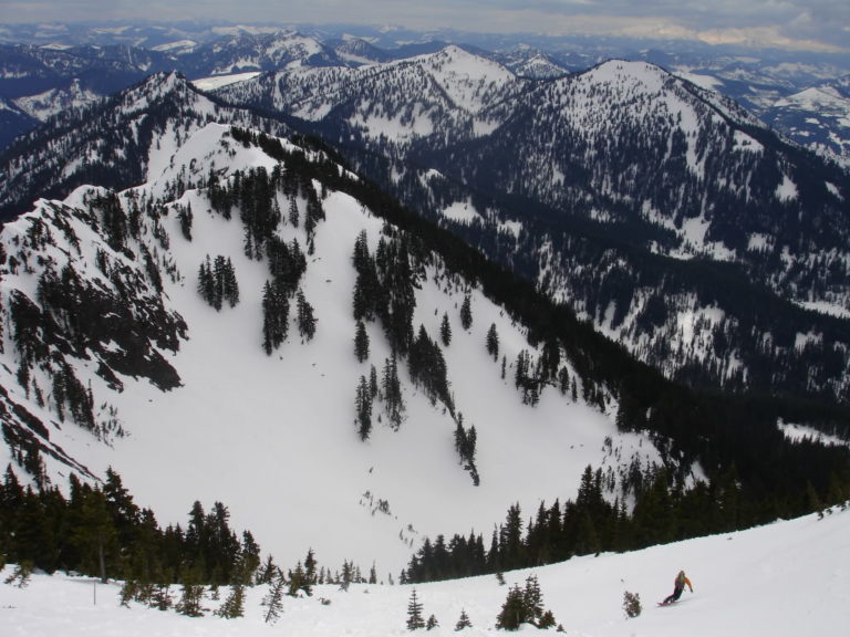 riding into the lower basin of Kaleetan Peak during the Alpental to Granite ski traverse