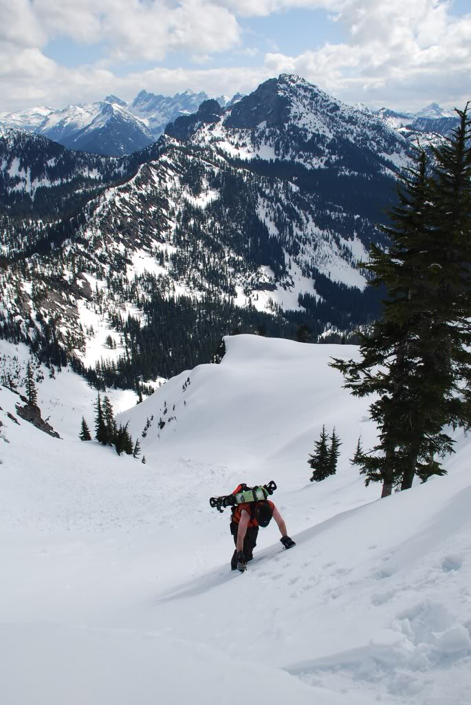 Bootpacking to the top of Chair peak col with Snoqualmie Mountain in the Background