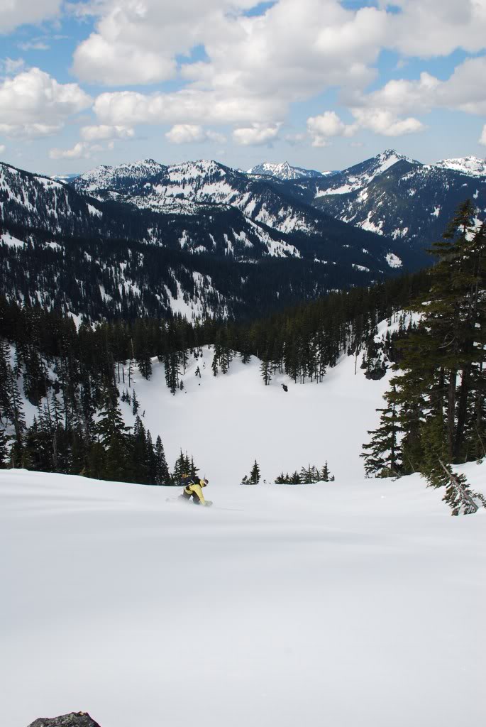 Snowboarding down to Melakwa Lake during the Alpental to Granite ski traverse