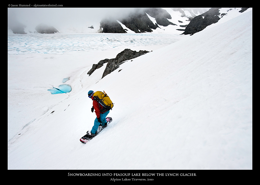 Riding down on to Pea Soup Lake during the Alpine Lakes Ski Traverse in Alpine Lakes Wilderness