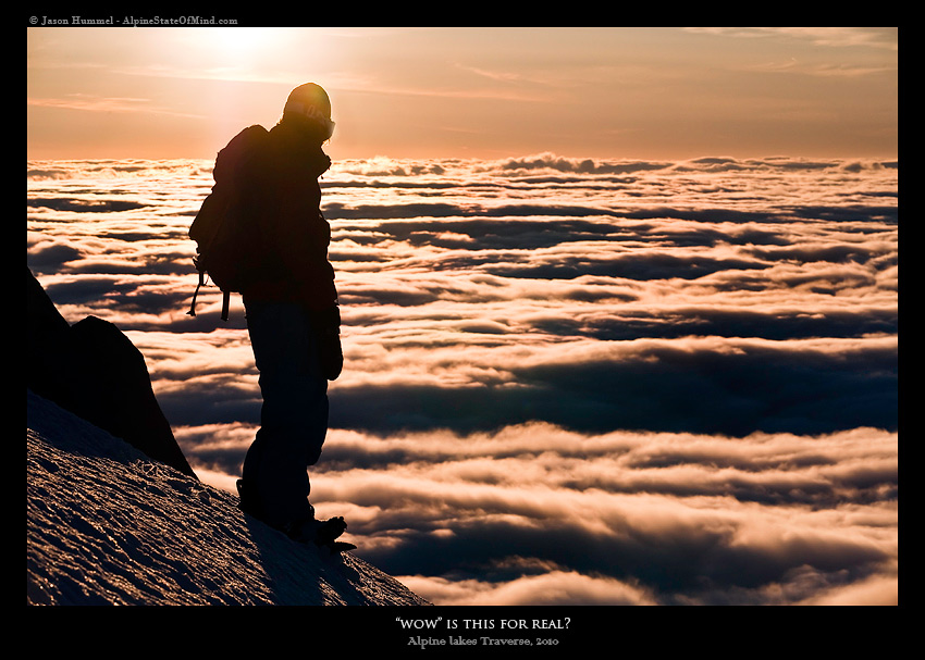 Getting ready to make a late afternoon sunset run on Mount Hinman during the Alpine Lakes Ski Traverse in Alpine Lakes Wilderness