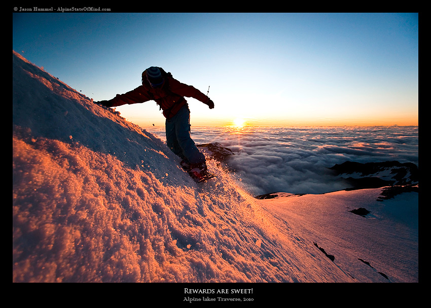 Sunset turns on Mount Hinman during the Alpine Lakes Ski Traverse in Alpine Lakes Wilderness