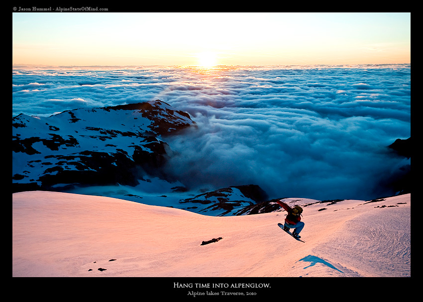 Snowboarding the Hinman Glacier with the Puget Sound in the clouds