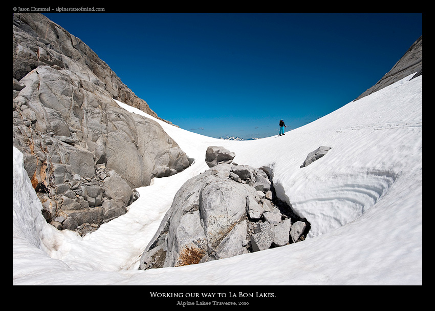 Heading over the west col of Hinman Glacier towards La Bon Lakes