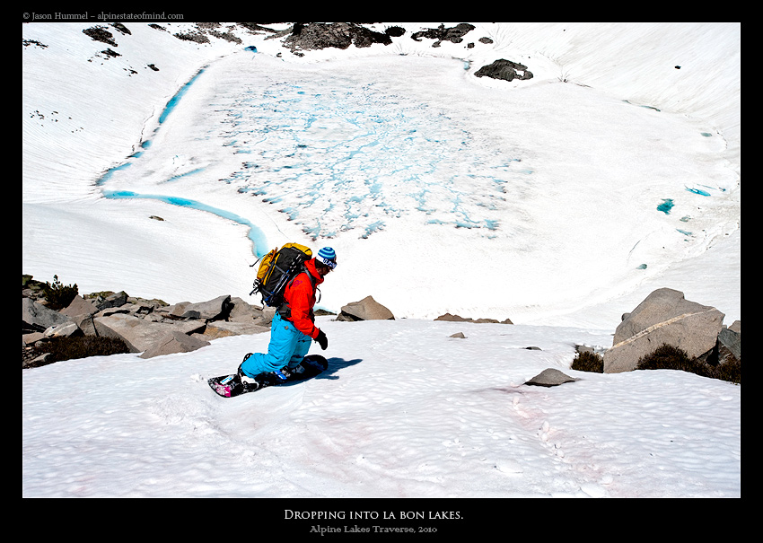 Snowboarding down to La Bon Lakes