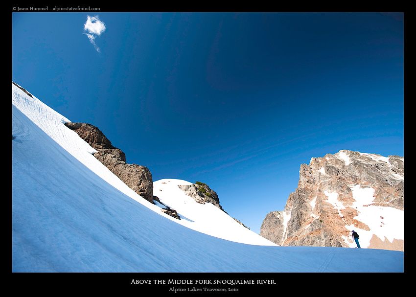 Ski touring up to the Col of Chimney Rock during the Alpine Lakes Ski Traverse in Alpine Lakes Wilderness