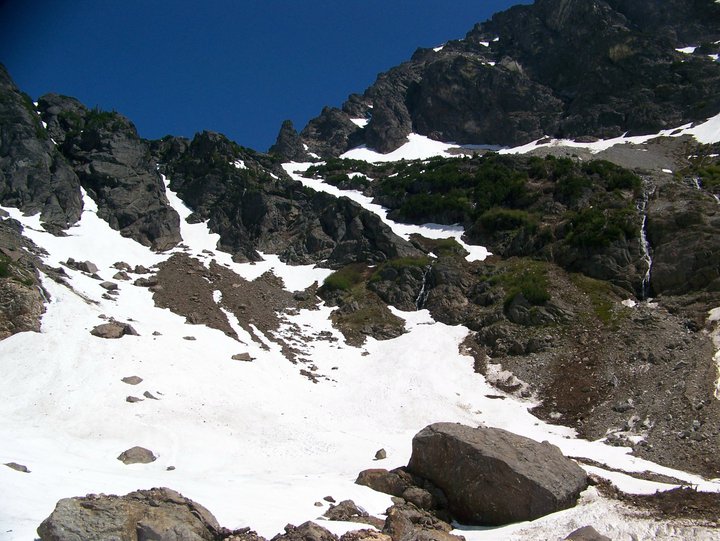 Looking back at our run down Chimney rock col