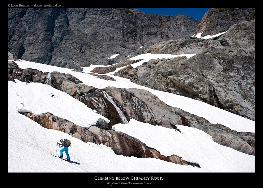 Skinning up below Chimney Rock