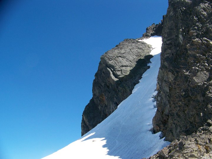 Our tracks up the Overcoat Couloir after snowboarding it during the Alpine Lakes Ski Traverse in Alpine Lakes Wilderness