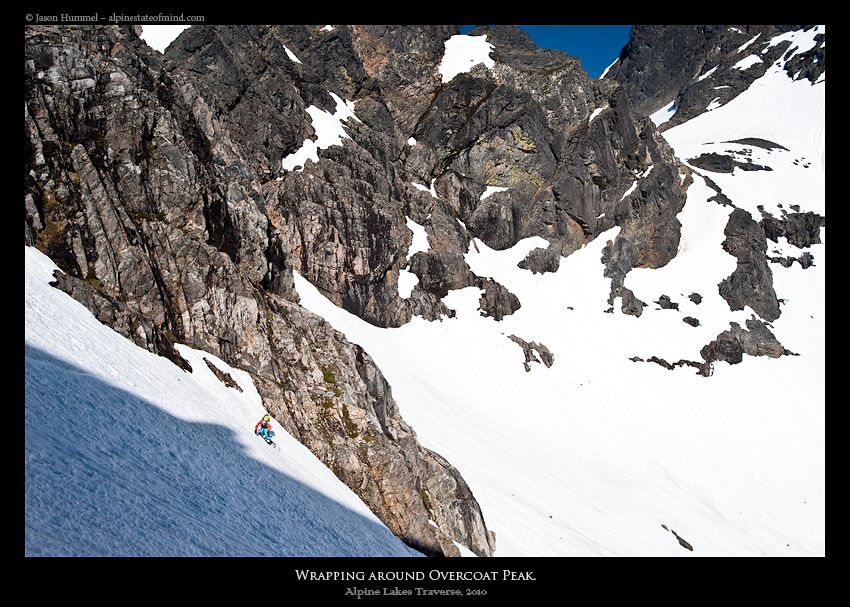 Snowboarding down Overcoat Peak during the Alpine Lakes Ski Traverse in Alpine Lakes Wilderness