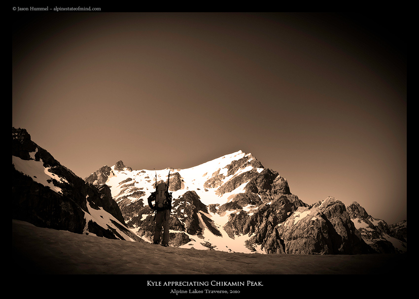 Hiking towards Chikamin Peak during the Alpine Lakes Ski Traverse in Alpine Lakes Wilderness