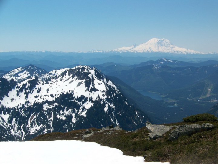 Looking at Mount Rainier from the top of Chikamin Ridge