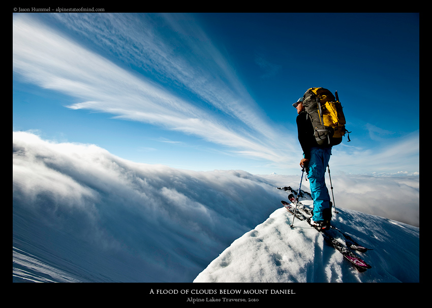 Enjoying the view as the clouds roll over Mount Daniel during the Alpine Lakes Ski Traverse in Alpine Lakes Wilderness