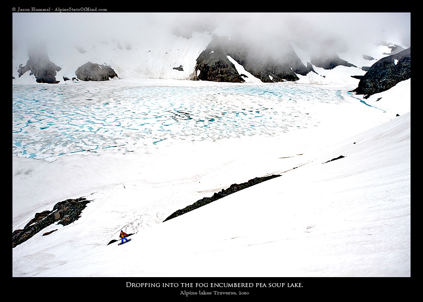 Snowboarding down to Pea Soup Lake