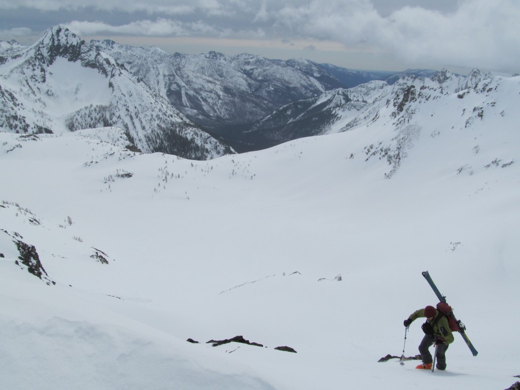 Climbing above Ice Lake to the summit of Mount Maude in winter conditions
