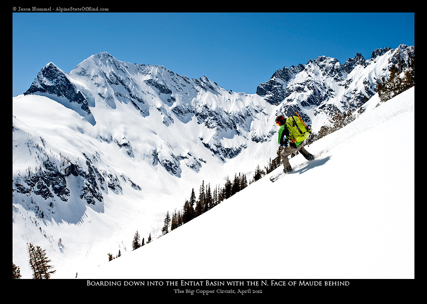 Snowboarding into Entiat Creek with Mount Maude in the background