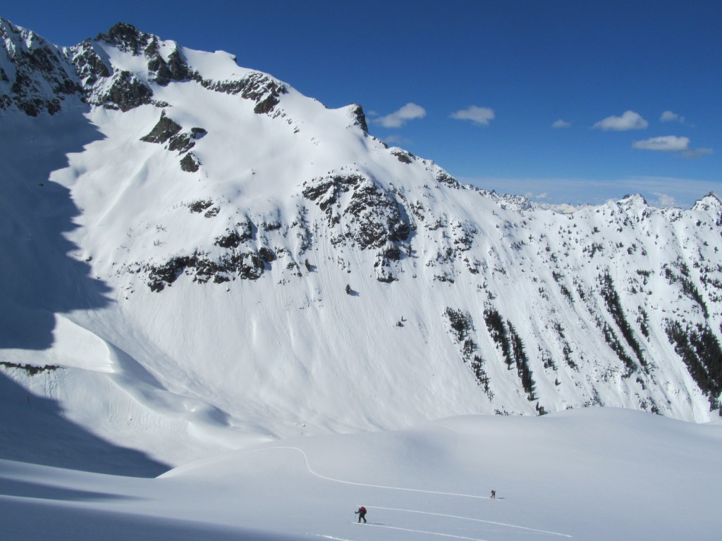 Ski touring up the North side of Maude with the south face of Mount Fernow in the background