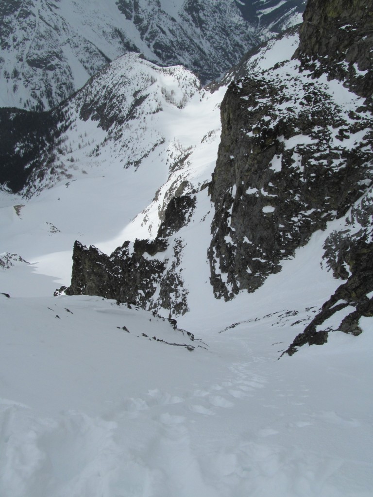 climbing back up the Jacked Couloir from Seven Fingered Jack