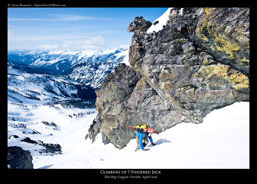 Climbing up Seven Fingered Jack with Trinity in the background