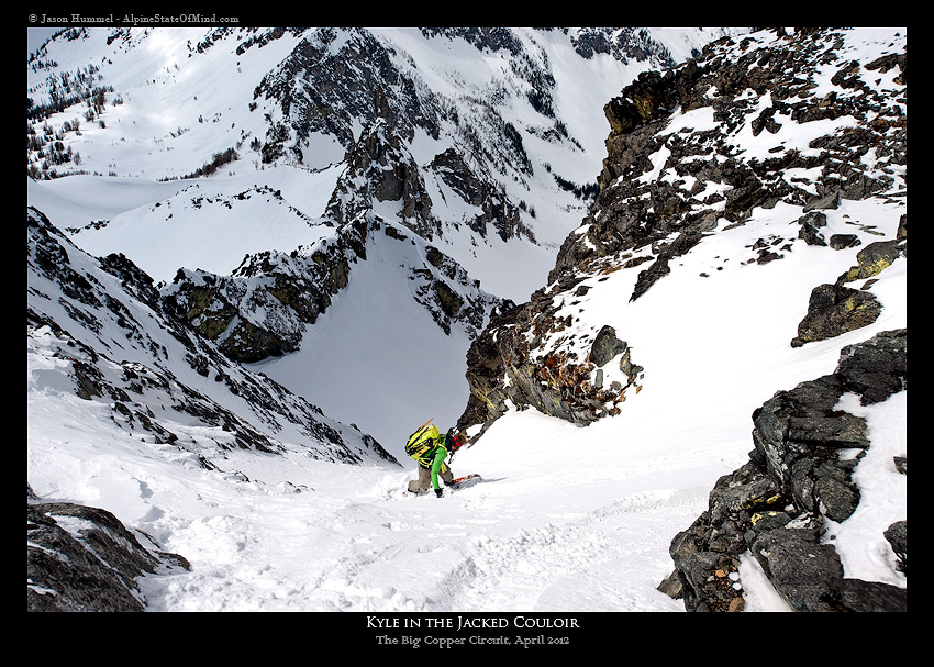 Snowboarding the Jacked Couloir off the north side of Seven Fingered Jack to Big Creek before making our way to Holden Village