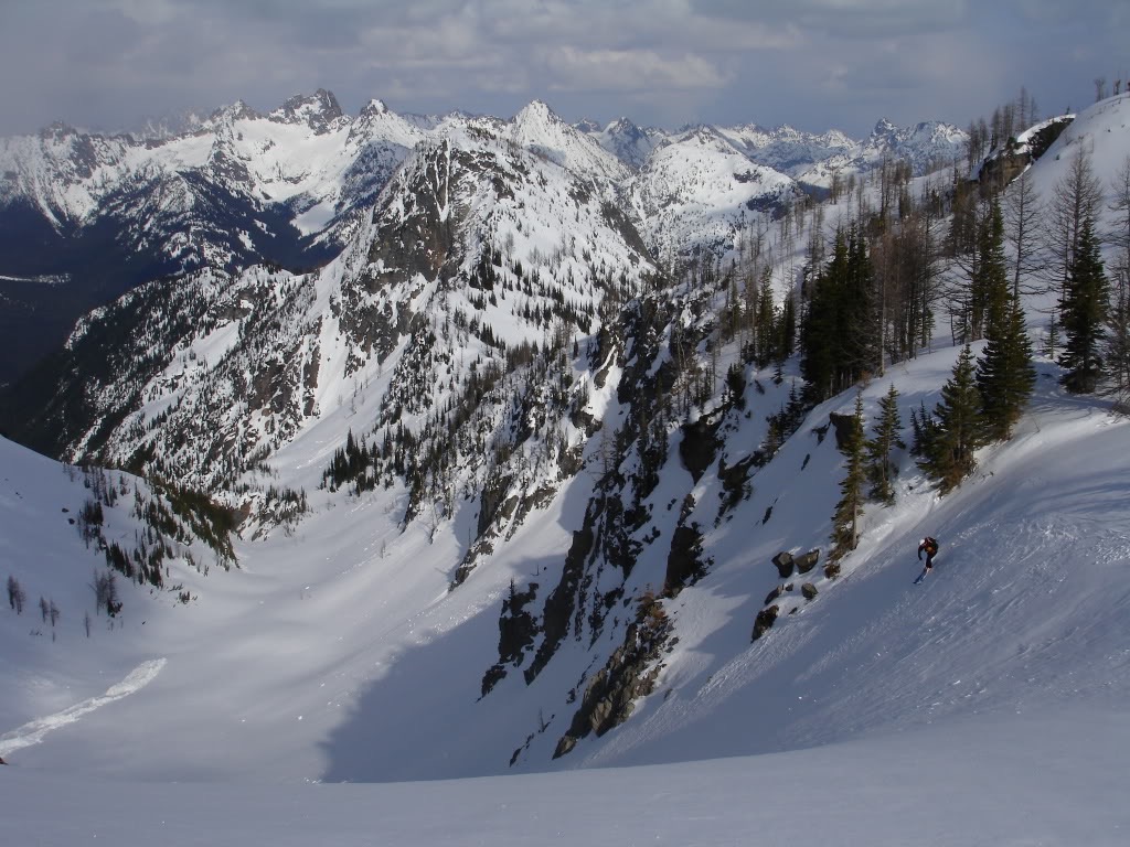 Riding into the lower North facing Canyon towards Black Peak