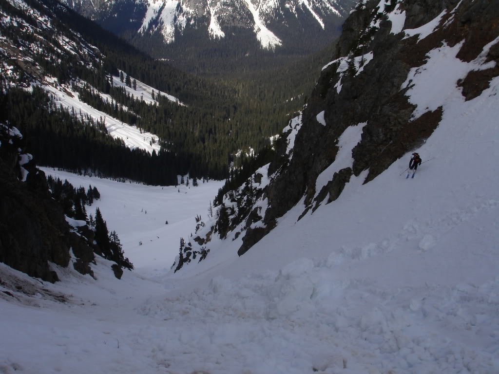 Skiing down the crux of the lower slopes of Black Peak towards Granite Creek