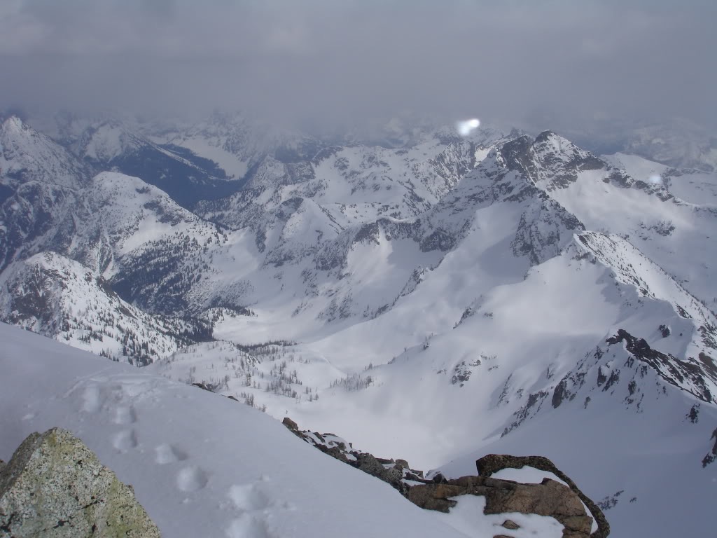 Looking back at our route while climbing Black Peak