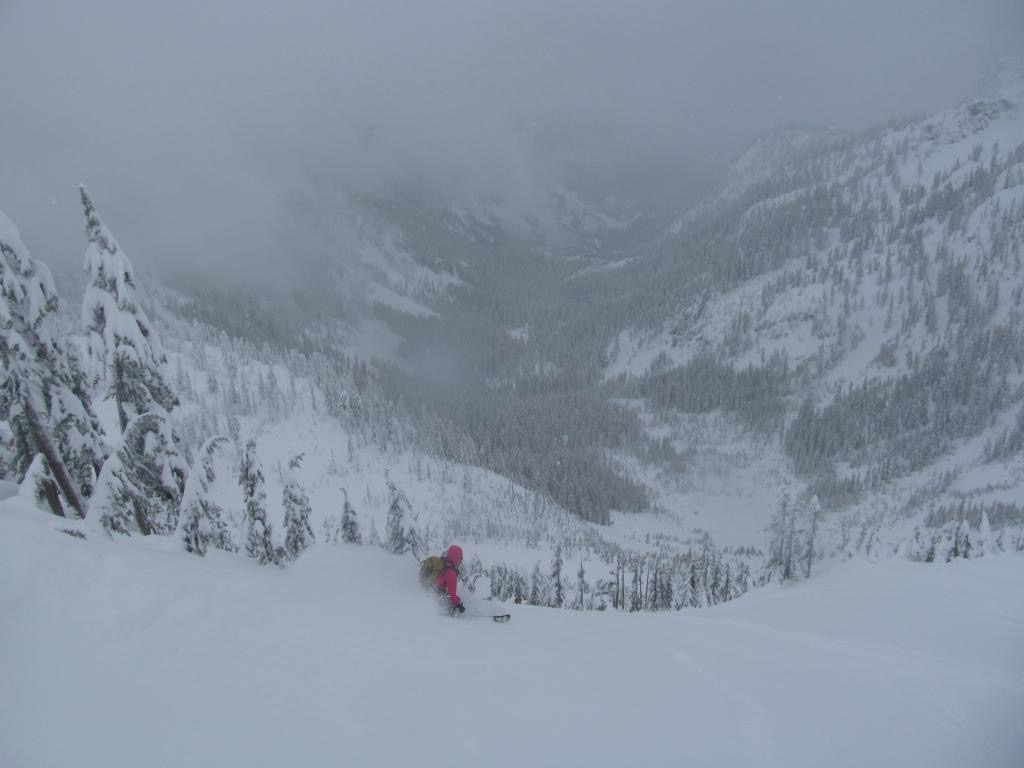 Skiing back down from Snow Lake saddle towards the Bryant Peak Couloir