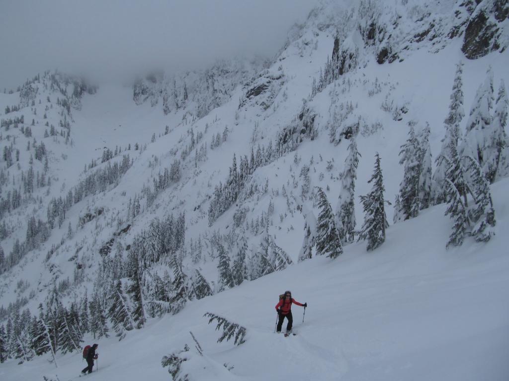 Following the skin track up to Snow Lake saddle