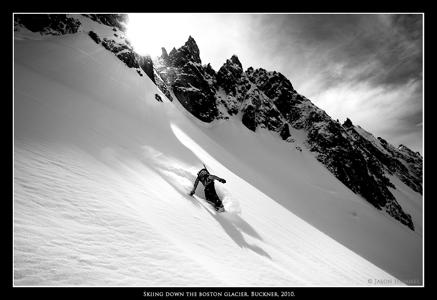 Snowboarding on the Boston Glacier from the North Face of Buckner Mountain