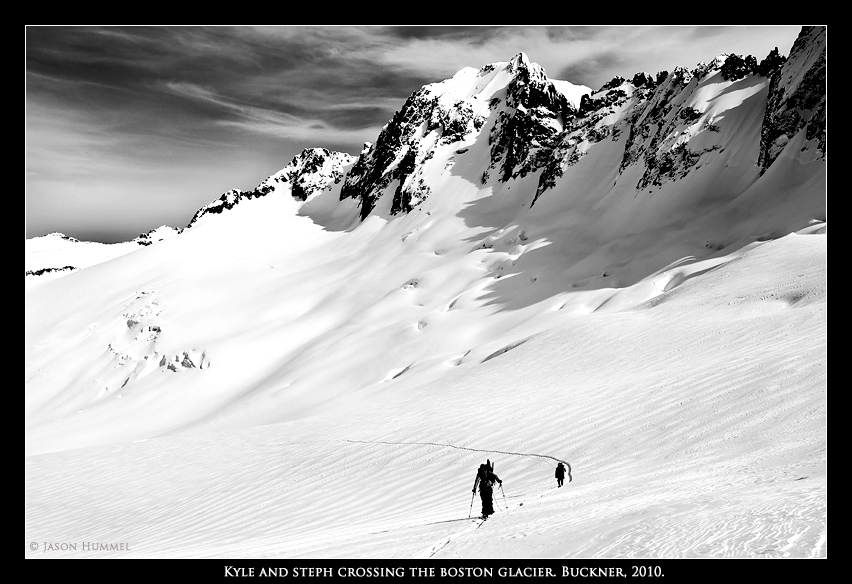 Making our way back on the Boston Glacier with Buckner Mountain in the distance