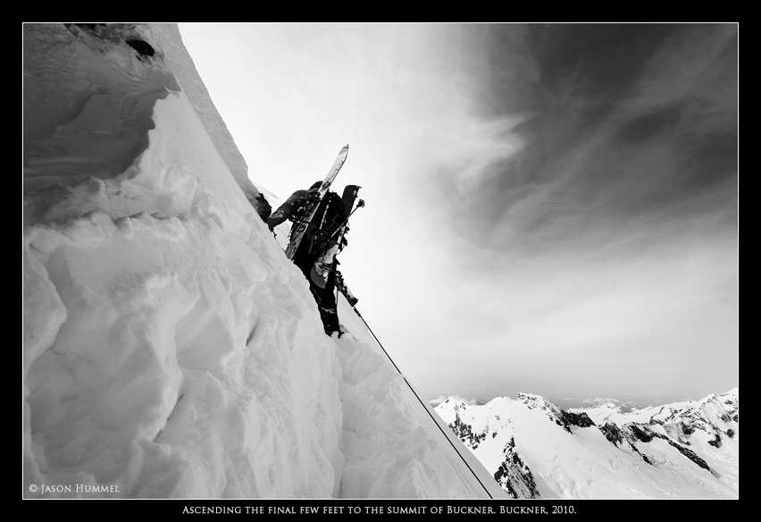 The last traverse to the summit on the North Face of Buckner Mountain