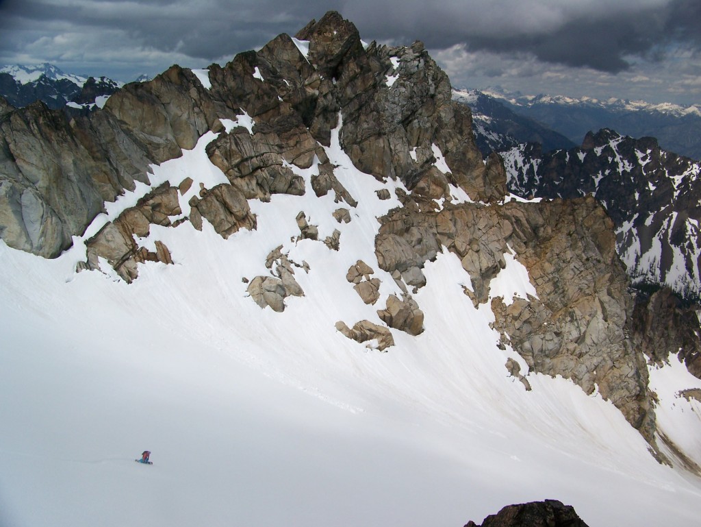 Snowboarding down with great snow conditions