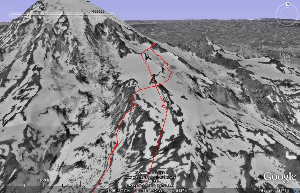 Our route skiing down the Cowlitz Glacier before traversing to the Nisqually Chute