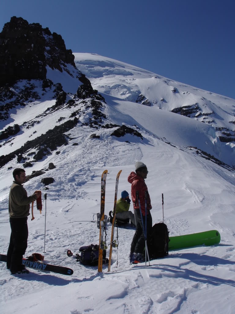 We took in the view for a few minutes checking the climbing route up Ingraham direct before skiing the Cowlitz Glacier
