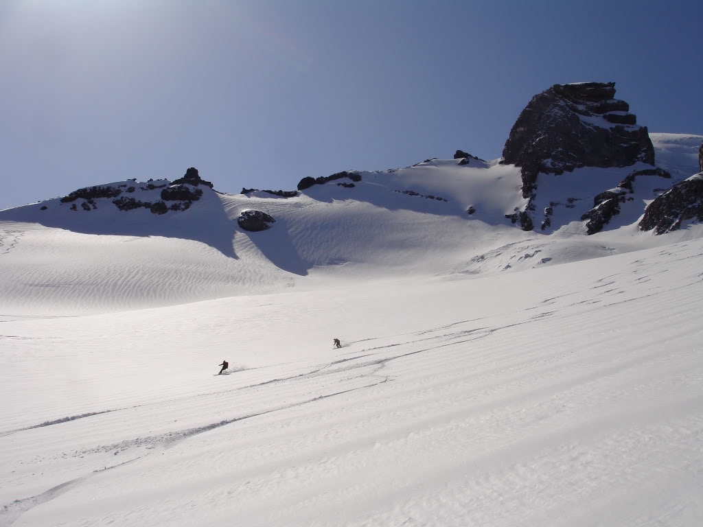 Dan and Eli dropping onto the Cowlitz Glacier