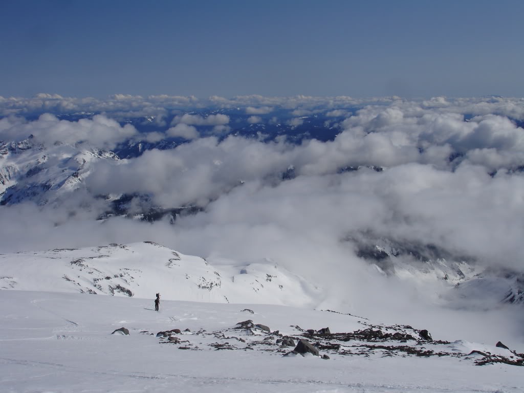 Amar and Dan looking for the entrance to the Nisqualy Chute after skiing the Cowlitz Glacier