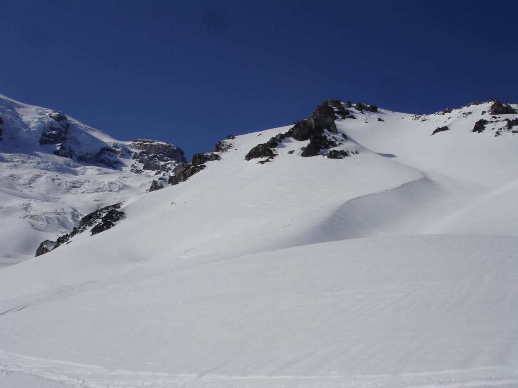 Looking back up at our tracks in the Nisqualy chute