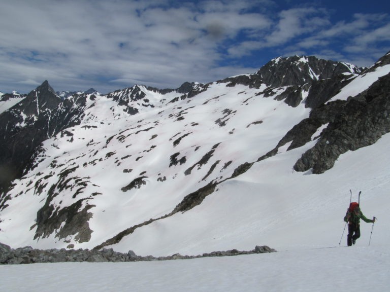 Traversing away from Cache Col towards the South Cascade Glacier near North Cascades National Park and Cascade Pass on the Ptarmagin Traverse